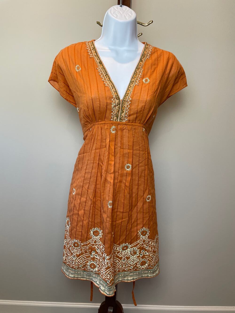 W Embroidered Kurti Tunic Dress L Amber Glow Orange 100 Percent Cotton